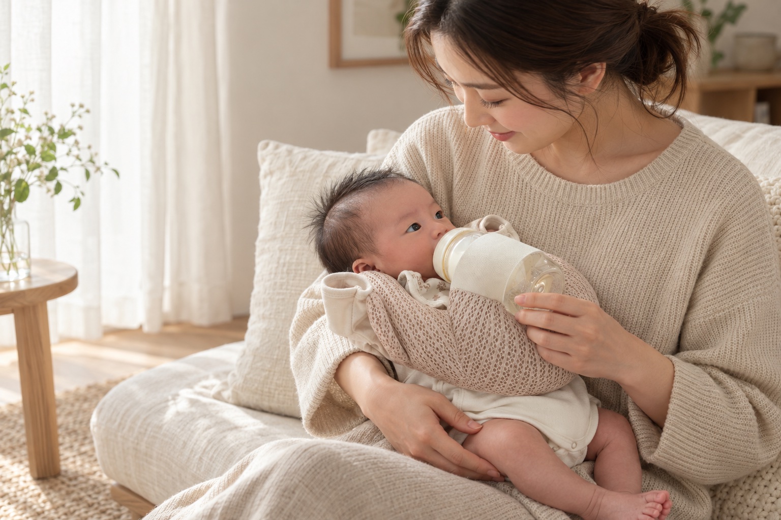 CocoPon哺乳瓶ホルダーを使う赤ちゃんを抱く母親の使用イメージ